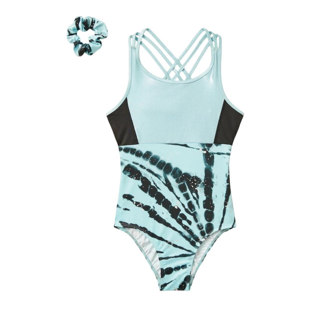 Justice Girls Strappy Back Leotard Blue and‎ Black with Scrunchie, XL NWT